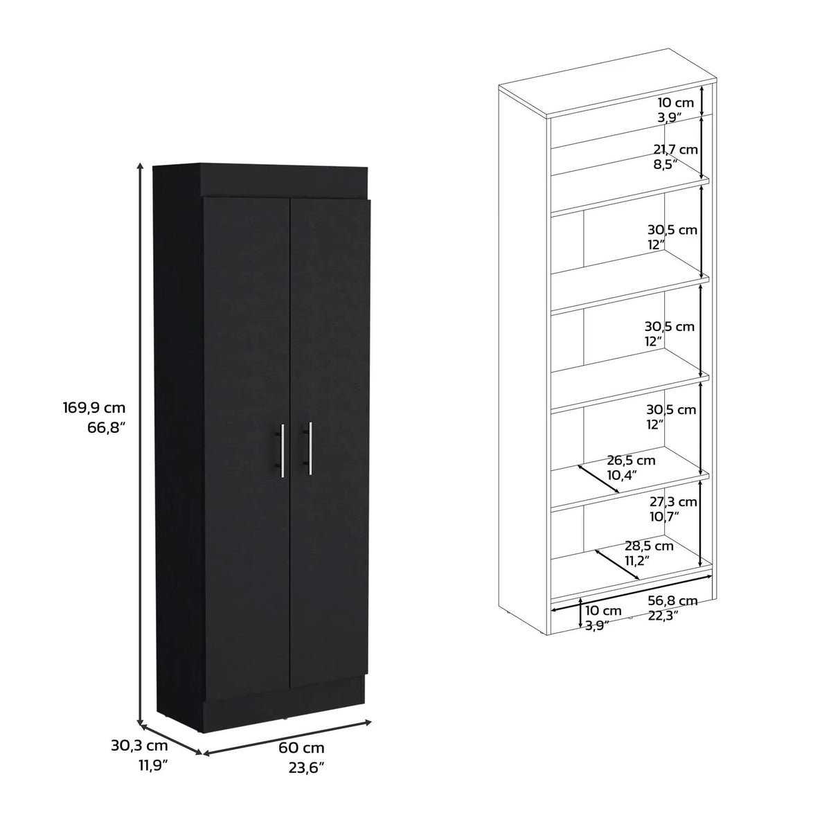 Clinton Pantry Cabinet Kitchen Storage | 11.9 x 23.6 x 66.8 in | Engineered Wood & Metal | Black
