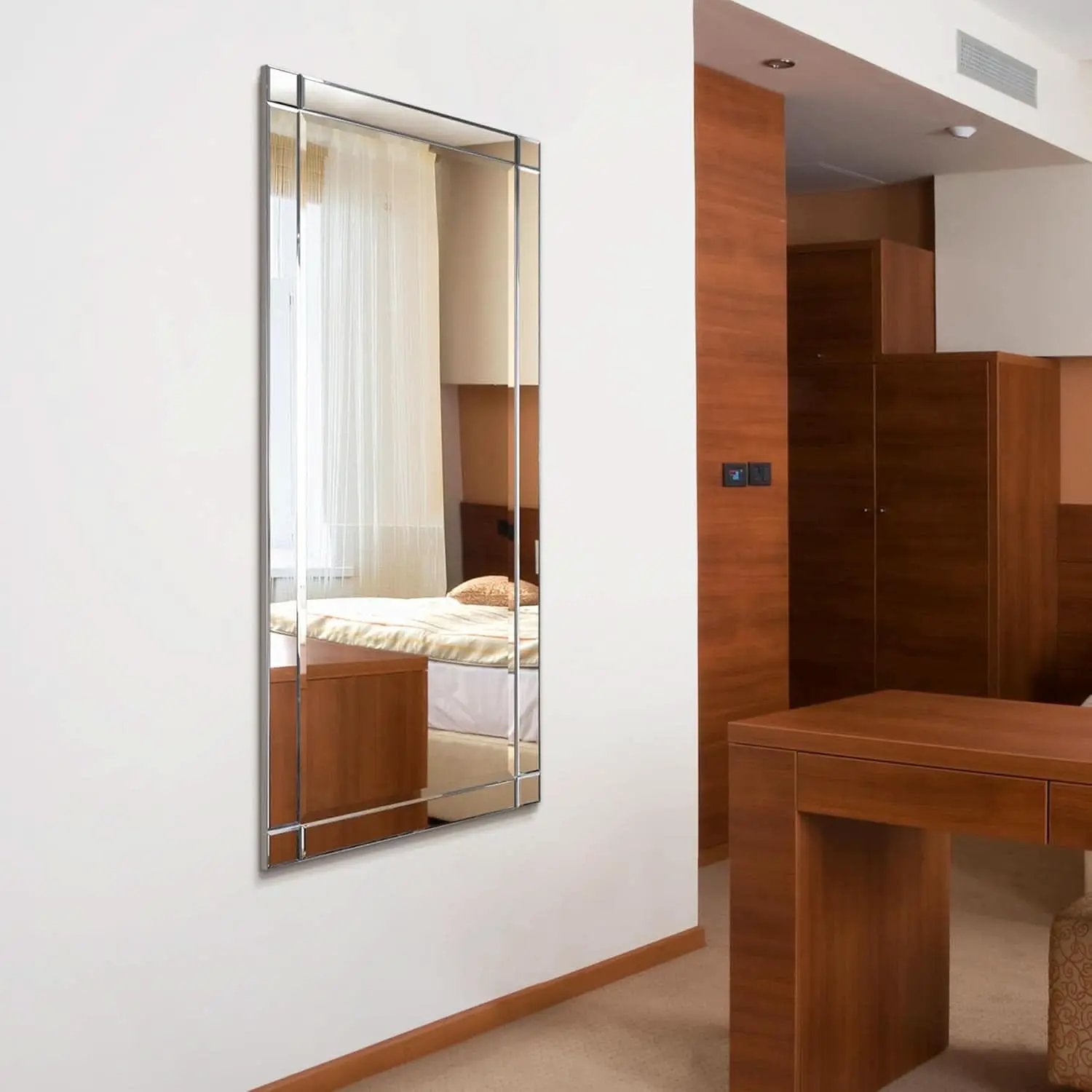 Modern Squared Corner Rectangle Wood Wall Mirror 24 x 54 from PriceLows™