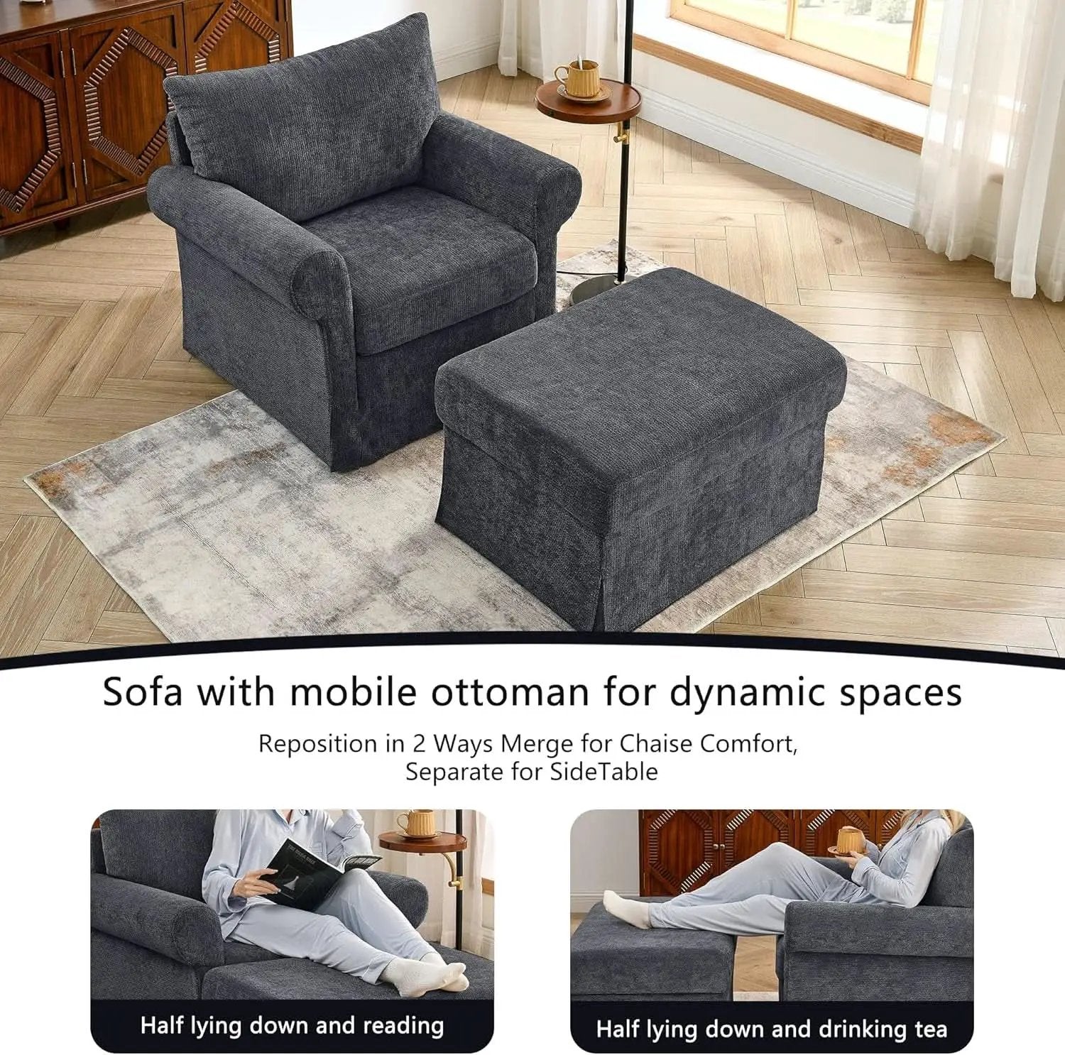 Gray 35 Inch Accent Chair With Ottoman And Chaise Lounge from PriceLows™