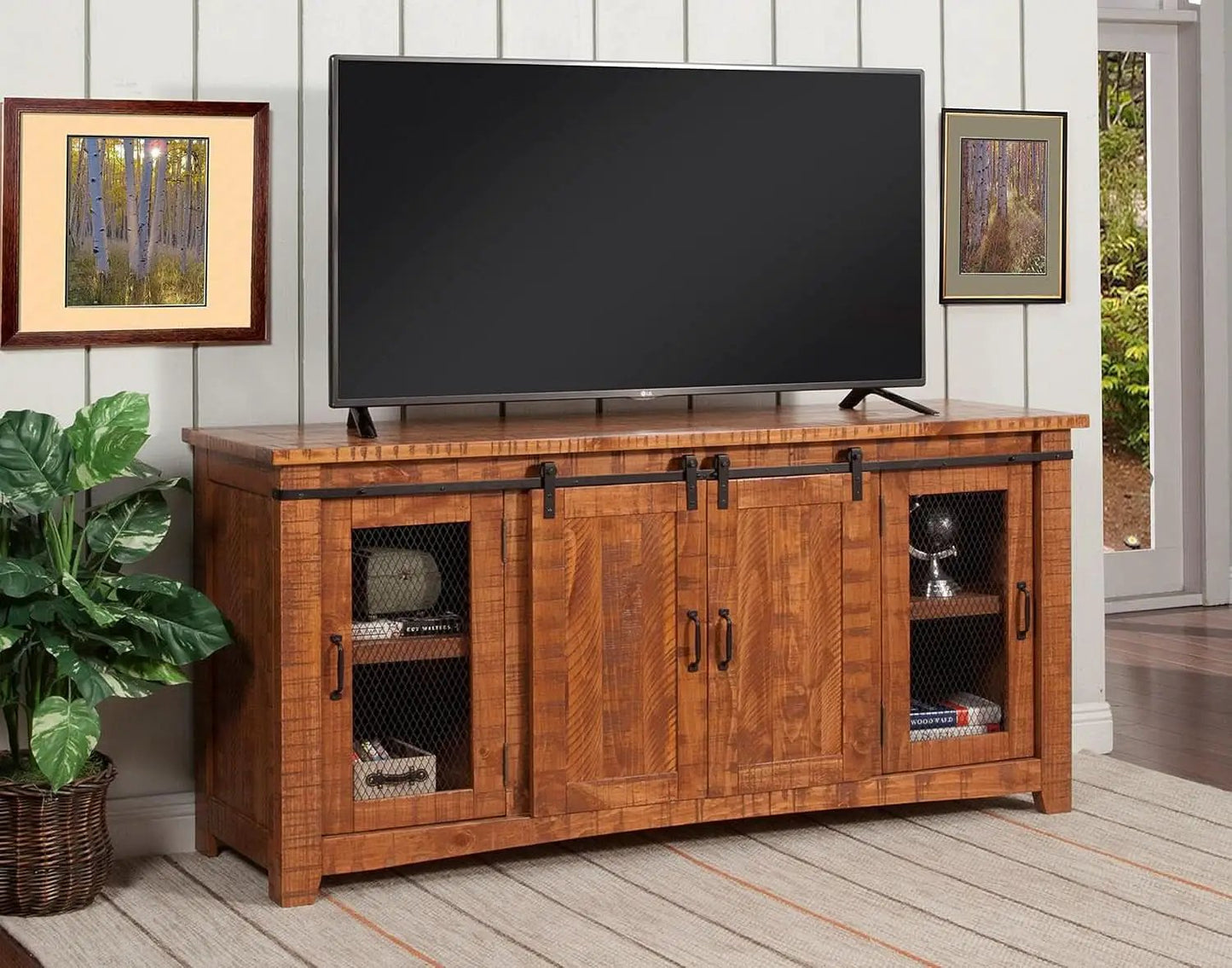 65 Inch Solid Wood TV Stand Honey Tobacco With Rustic Doors from PriceLows™
