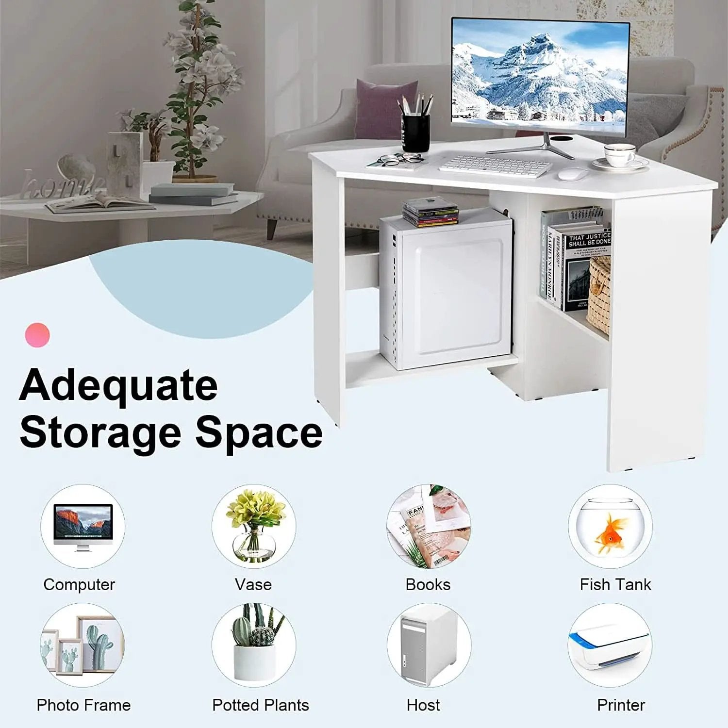 Compact White Corner Desk With Storage Shelves For Home Office from PriceLows™