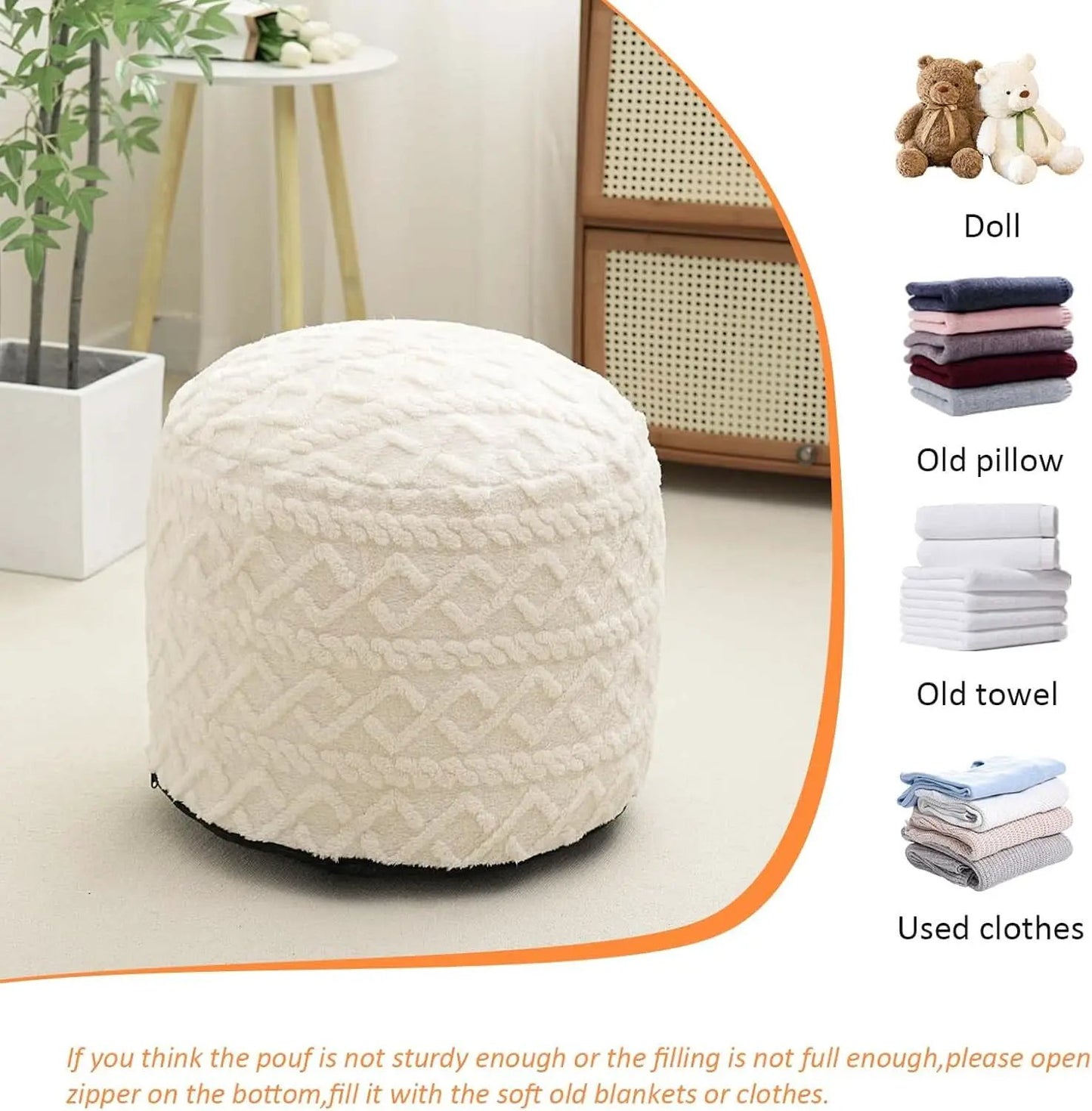 Beige Velvet Texture FauxFur Memory Foam Round Ottoman from PriceLows™