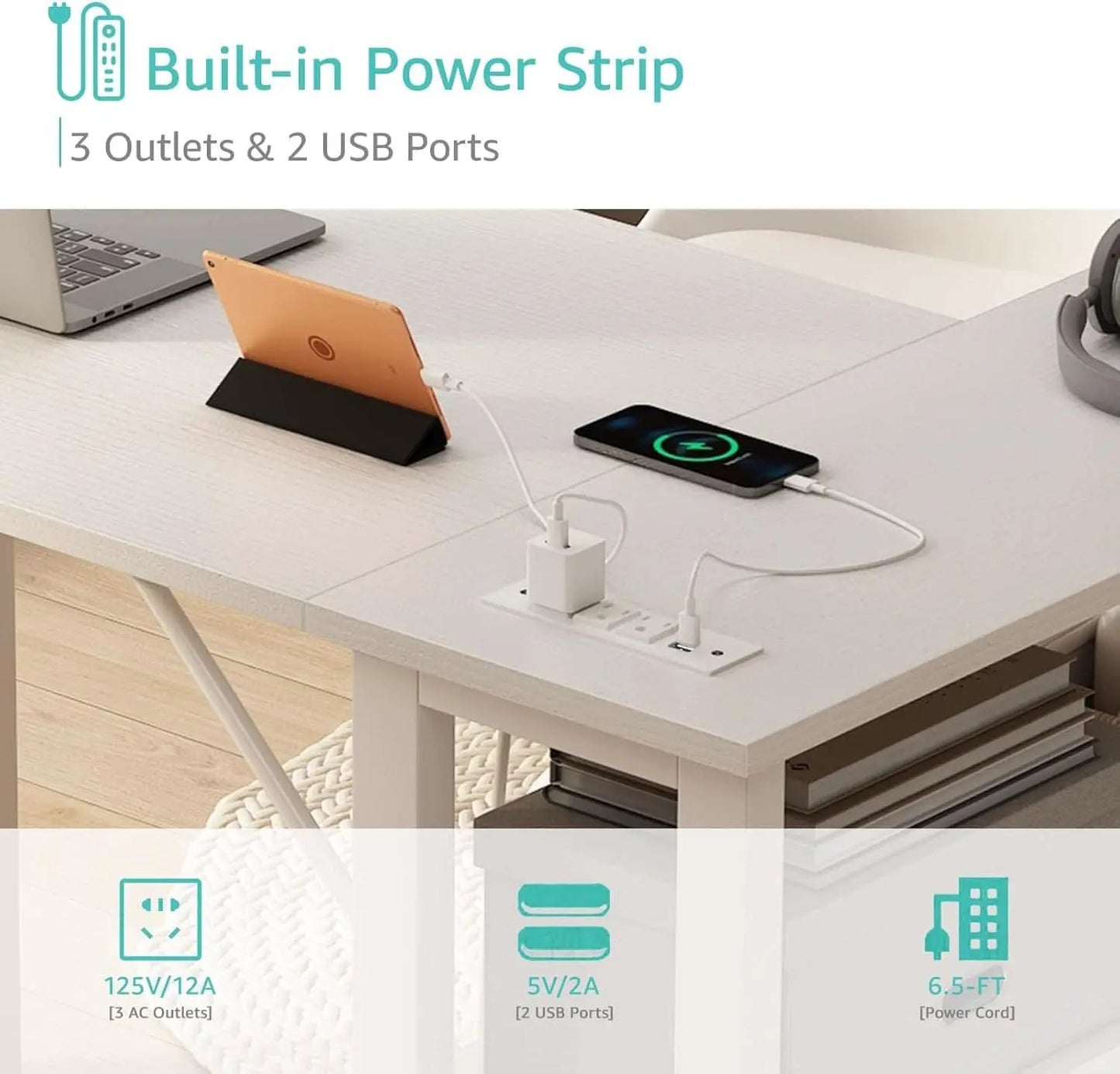 White 47 Inch L Shaped Corner Desk With Reversible Storage from PriceLows™