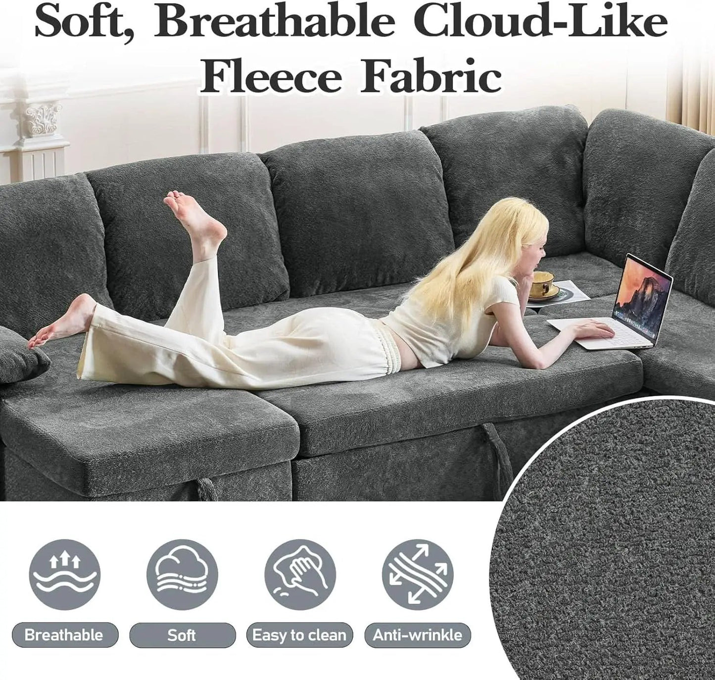 Convertible Sofa Bed With CloudLike Storage Chaise from PriceLows™