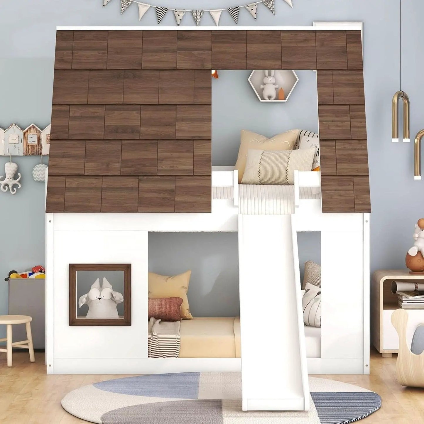Twin Over Twin Bunk Bed With Slide For Kids Room Ready from PriceLows™