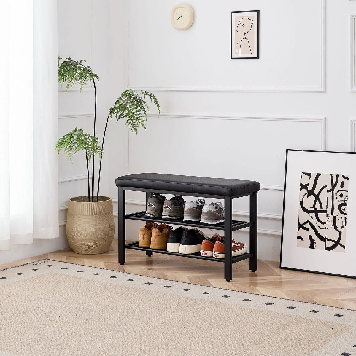 Entryway Shoe Bench | Cushioned Storage Seat | Durable Metal Frame | Hidden Storage Shelf