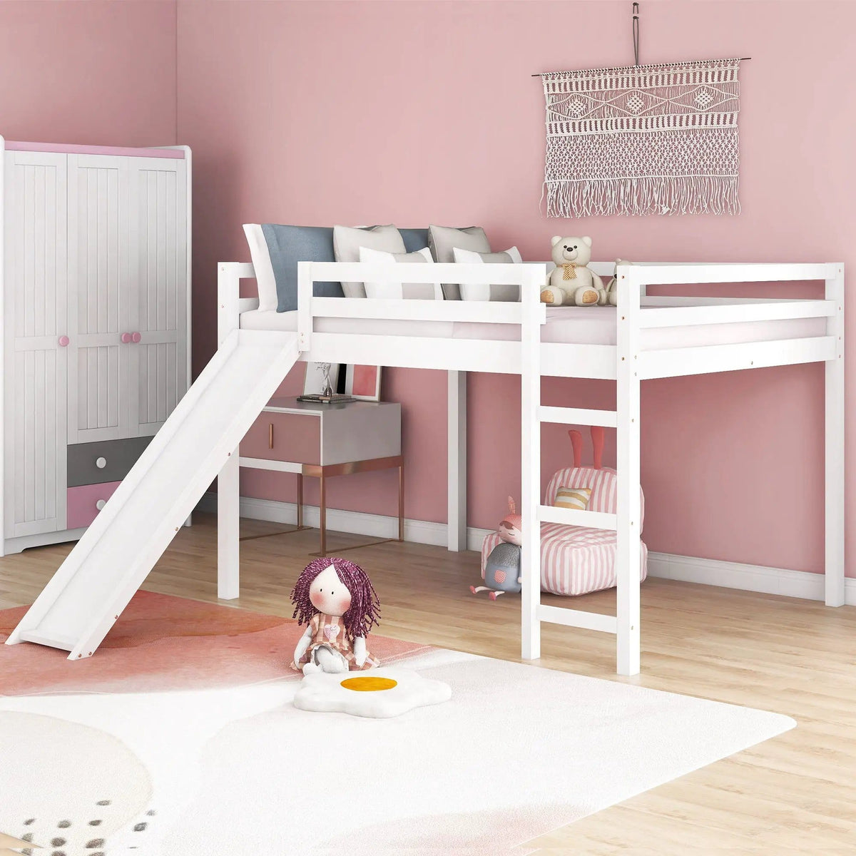 Full Loft Bed With Slide, Multifunctional Design - | 77.4 x 57.2 x 49.2 in | Pine Wood | White