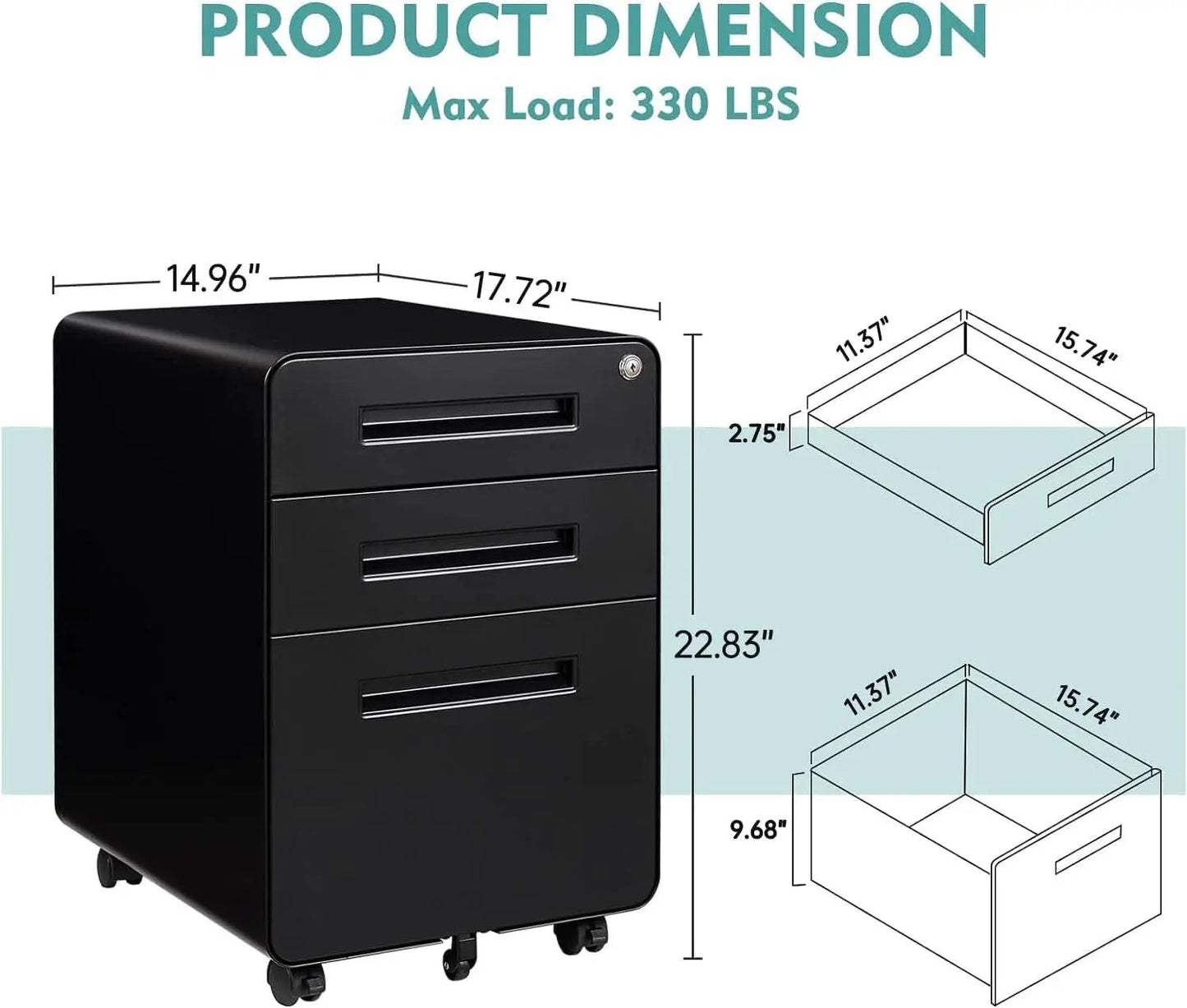 Mobile 3 Drawer Filing Cabinet With Lock Black Rolling from PriceLows™