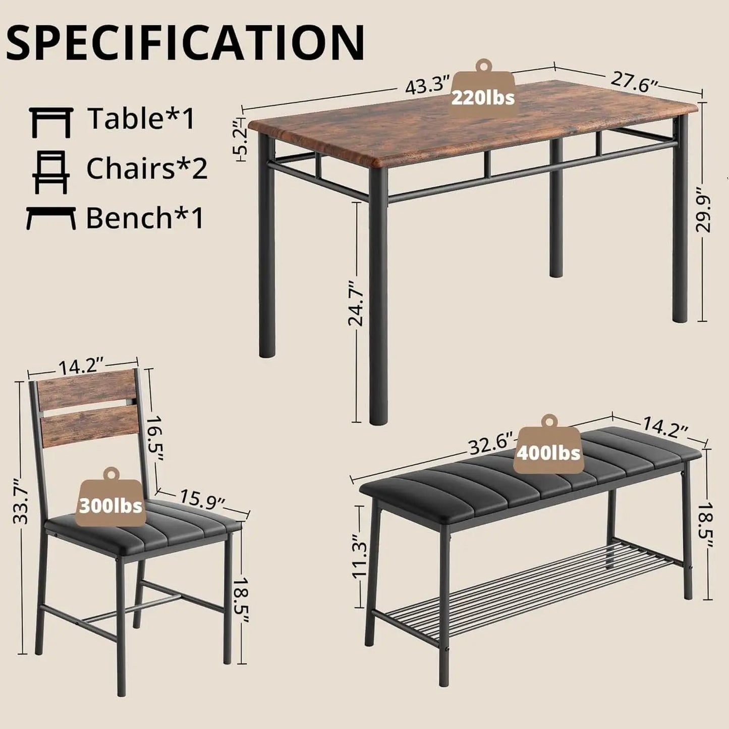 Industrial Dining Room Table Set For Four Rustic Brown from PriceLows™