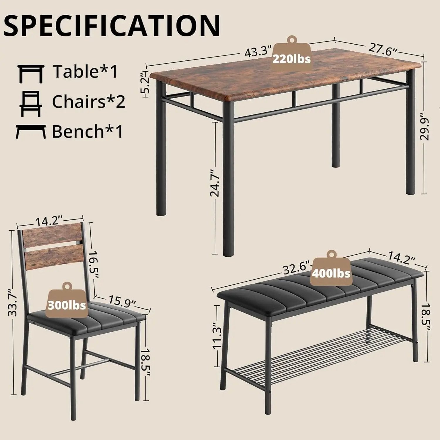 Industrial Dining Room Table Set For Four Rustic Brown from PriceLows™