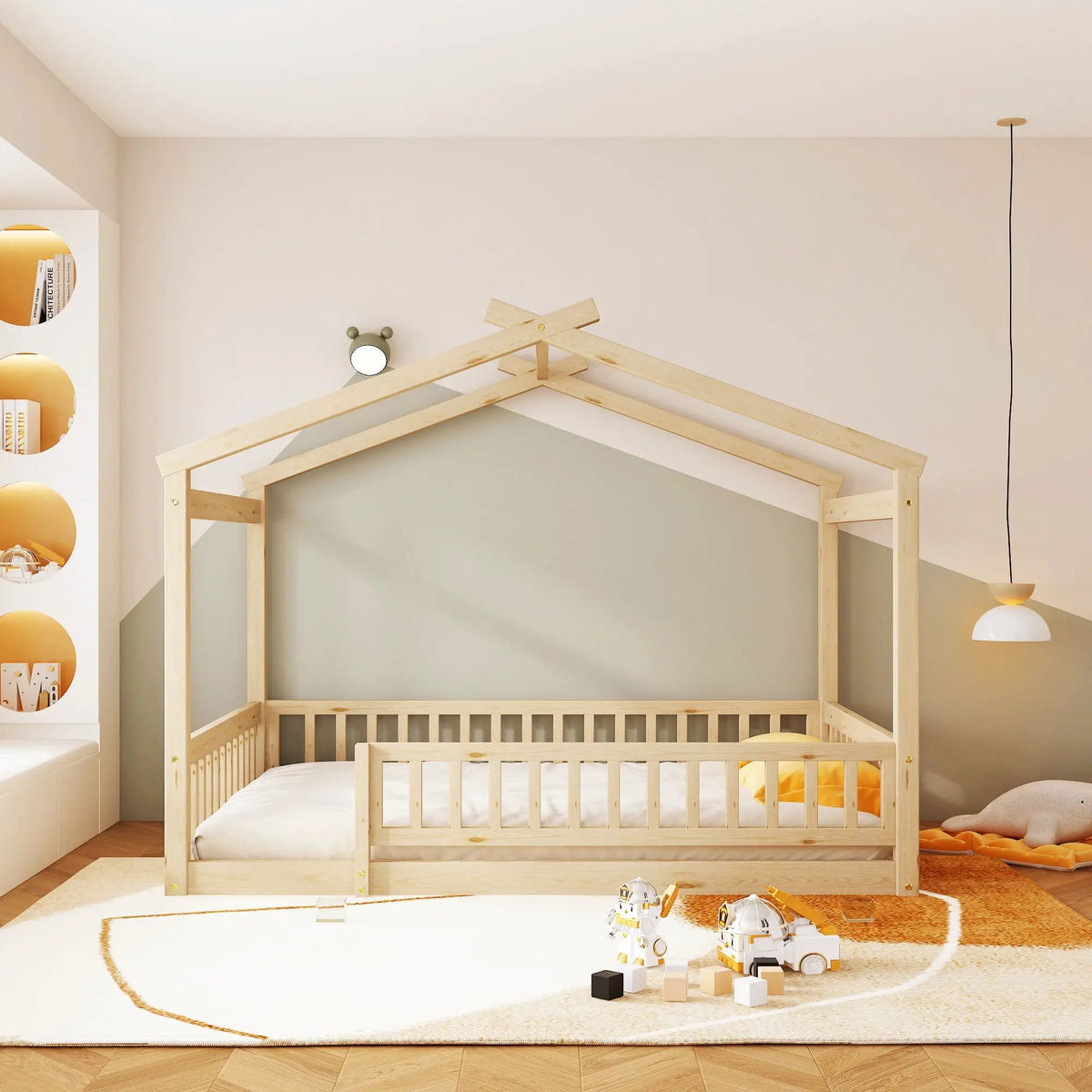 Kids Bed Frame | Playhouse Design | Roof And Fence | Toddler Size
