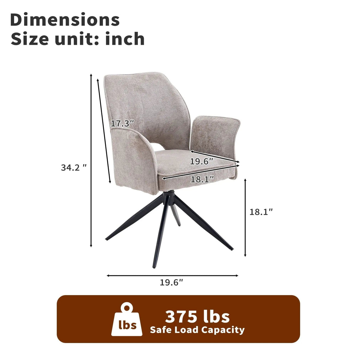 Dining Chair With Soft Cushion And 360° Rotation, Comfortable Armrest For Kitchen | 18.1 x 19.6 x 34.2 in | Fabric & Metal | Gray