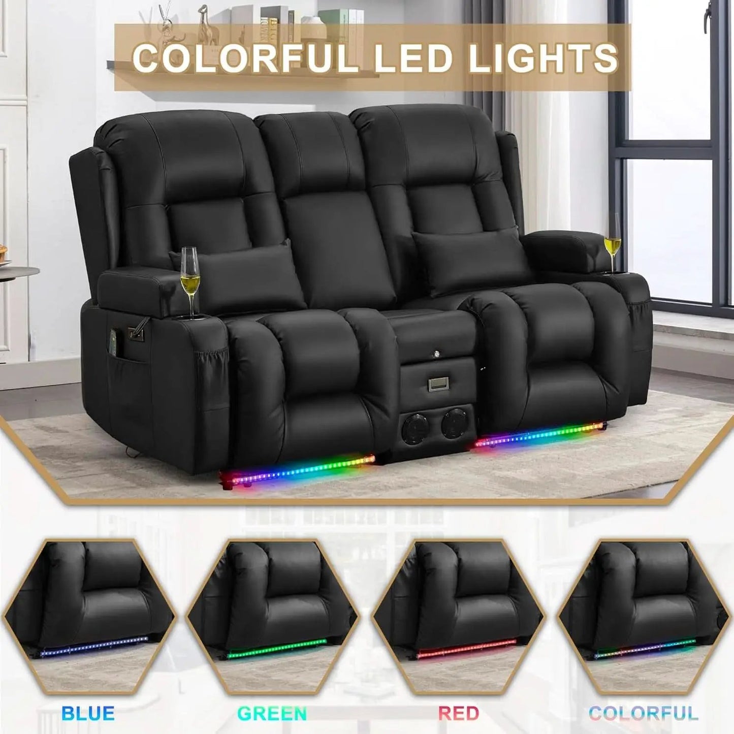 Power Reclining Loveseat With Massage And LED Lighting from PriceLows™