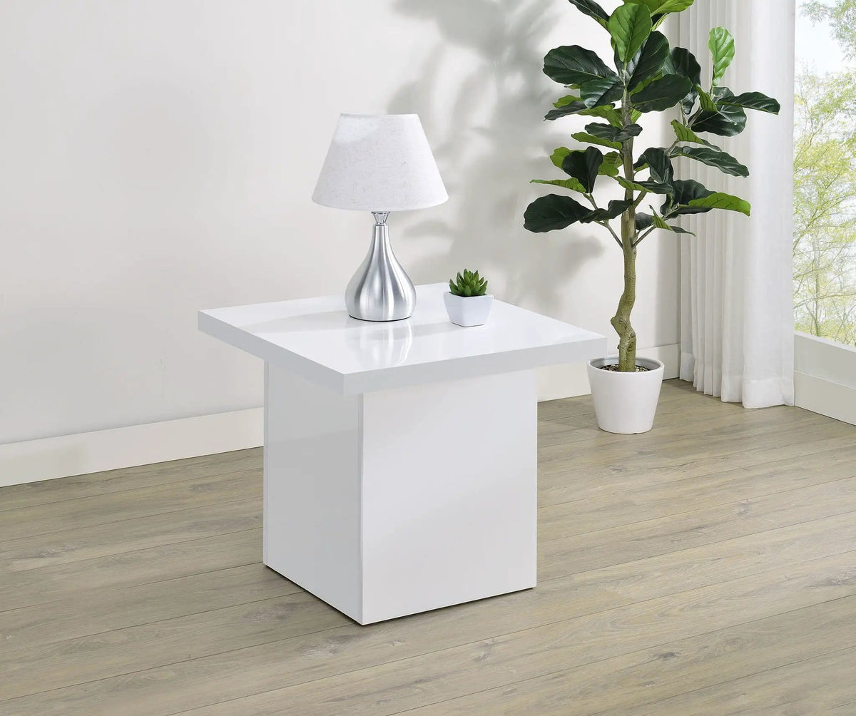 Devar Square Engineered Wood Side End Table White High Gloss | 23.5 x 23.5 x 21.75 in | Engineered Wood | Living Room
