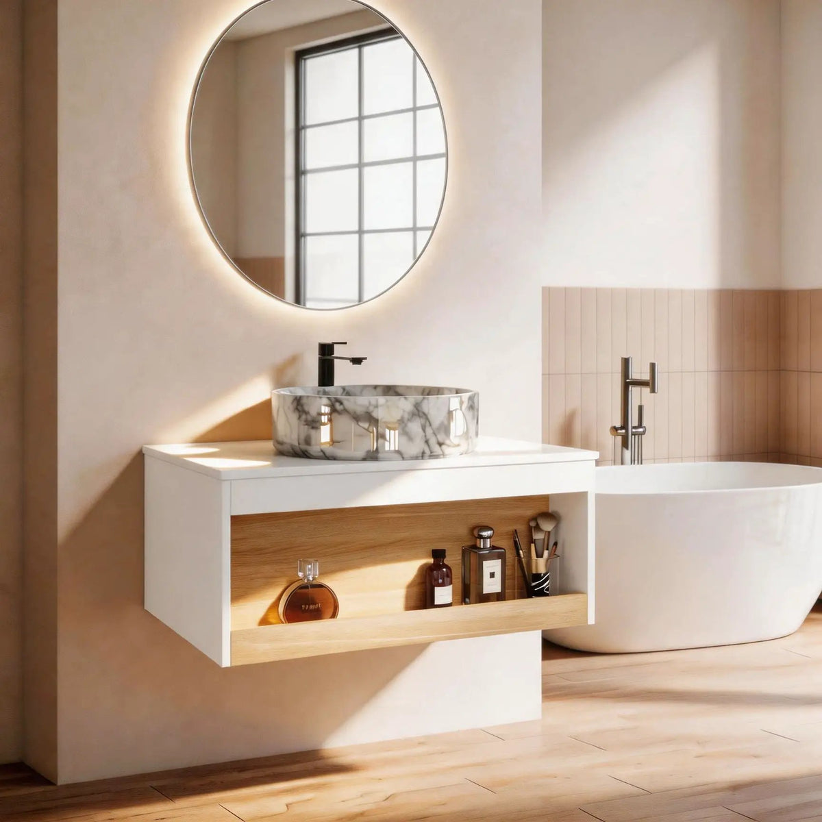 Floating Bathroom Vanity | Wall Mounted | Ceramic Vessel Sink | White