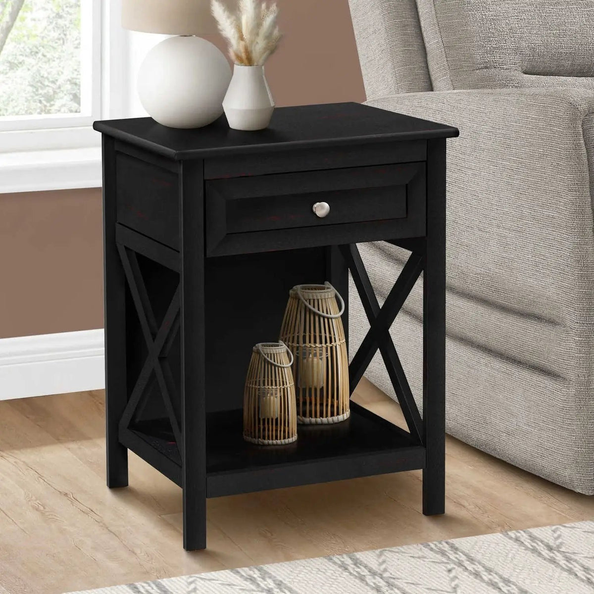 2-Tier Accent End Table | 25 Inch Height | Paneled Storage Drawer | Transitional Style