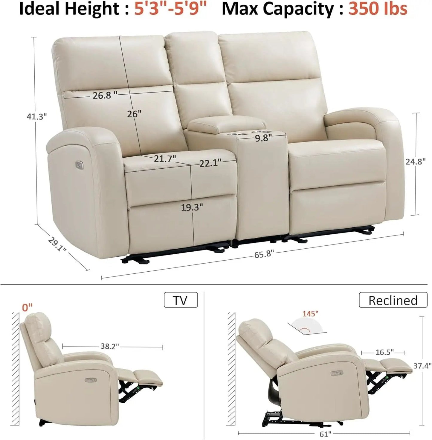 65.7 Inch Wall Hugger Recliner Loveseat Beige USB C from PriceLows™