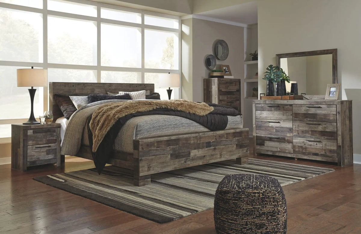 Derekson Panel Bedroom Set | 4-Piece | Rustic Butcher Block Finish | Replicated Pine Grain