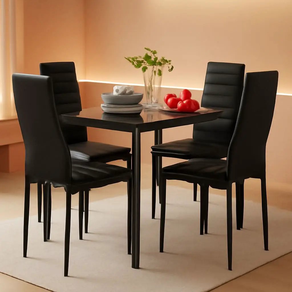 Glass Top Dining Table Set With Steel Frame Leather Chairs from PriceLows™