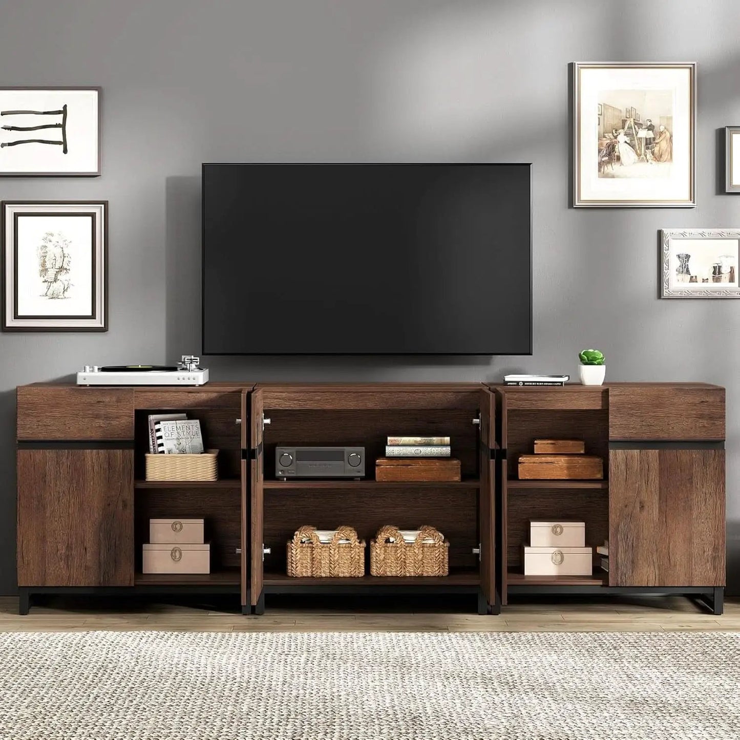 Brown 3 In 1 TV Stand For 100 Inch TV Adjustable Shelves Metal Base from PriceLows™