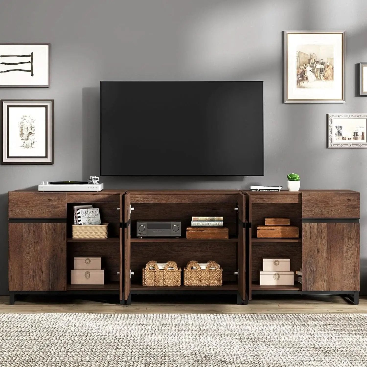 Brown 3 In 1 TV Stand For 100 Inch TV Adjustable Shelves Metal Base from PriceLows™