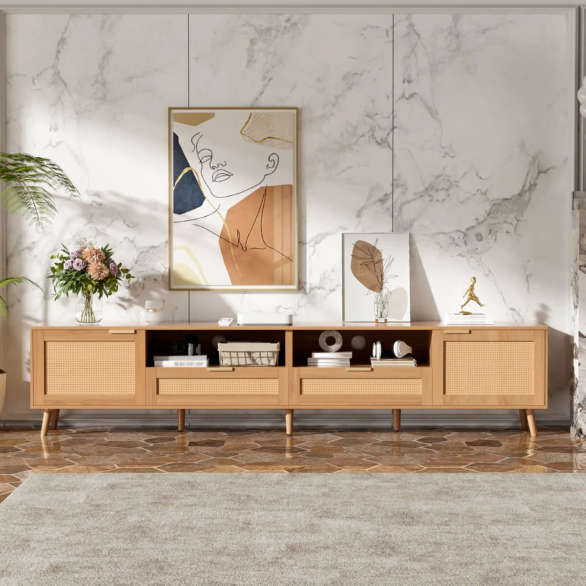 Rattan TV Stand | Media Console | Two Cabinets And Two Open Shelves | Cable Management