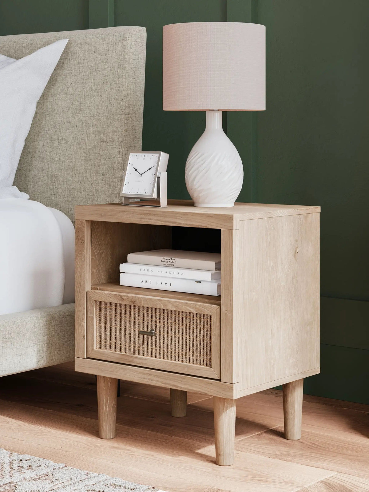 Cielden One Drawer Night Stand Nightstands w/ Charging Station | 21.3 x 15.79 x 25 in | Engineered Wood & Linen | Two-Tone