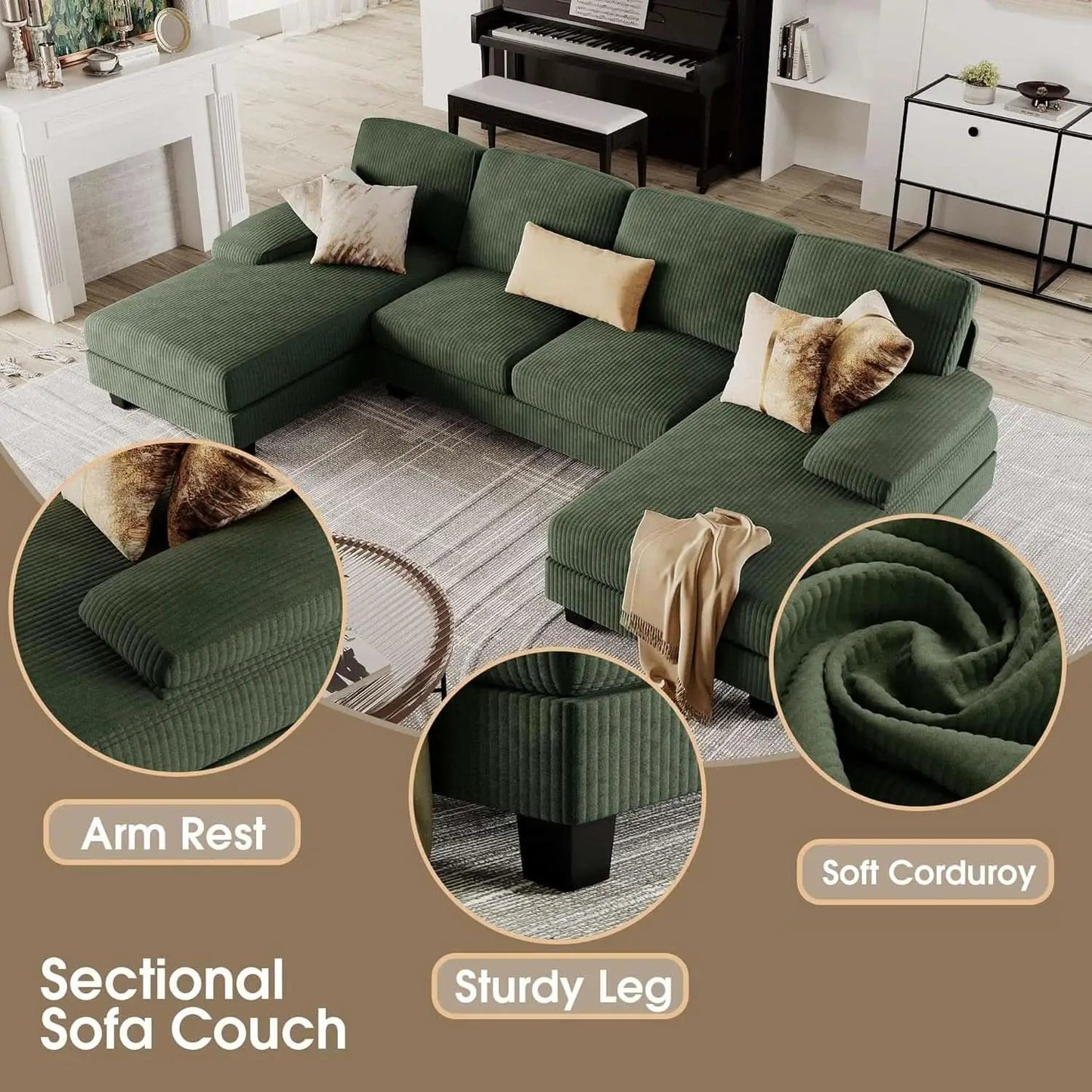 Dark Green Corduroy U Shaped Sectional Sofa 4 Seat Chaise from PriceLows™