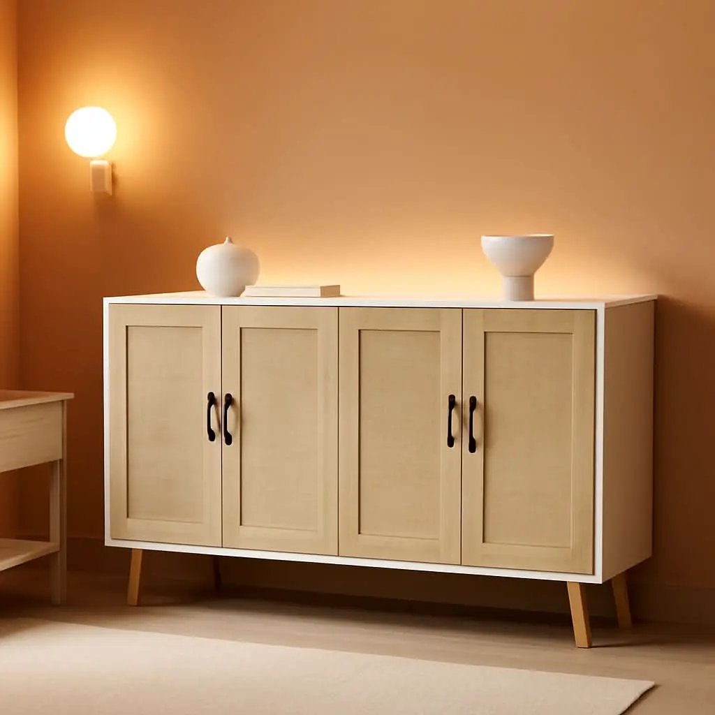 Buffet Storage Cabinet White Rattan Decor 4 Doors 48 Inch from PriceLows™