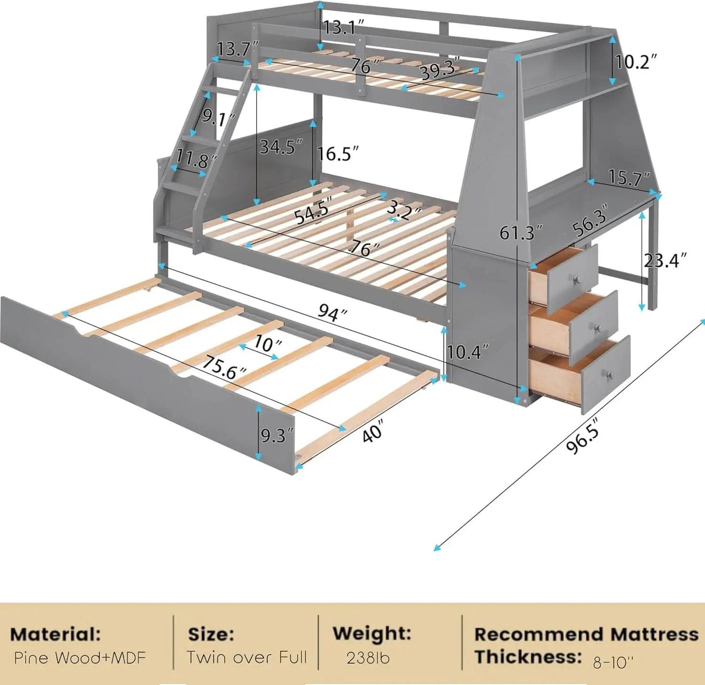 Gray Twin Over Full Bunk Bed With Trundle And Desk from PriceLows™