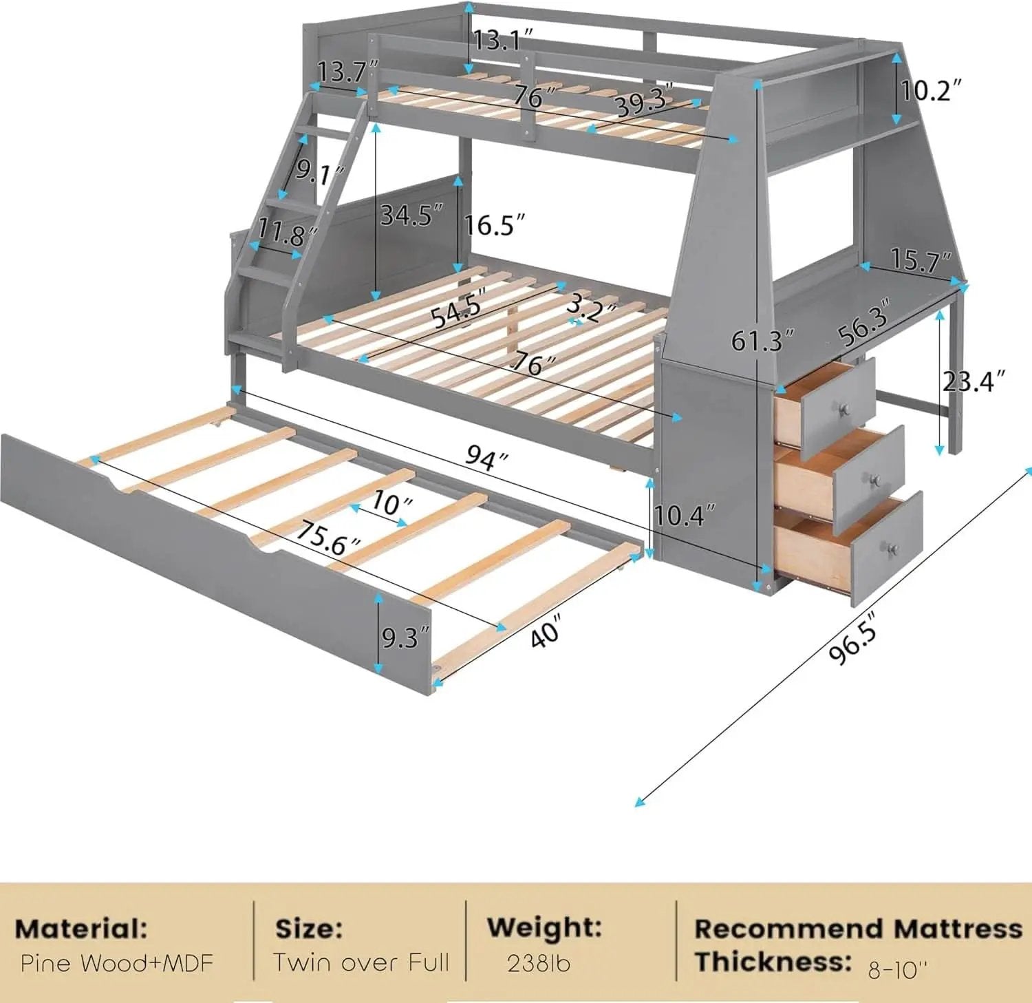 Gray Twin Over Full Bunk Bed With Trundle And Desk from PriceLows™