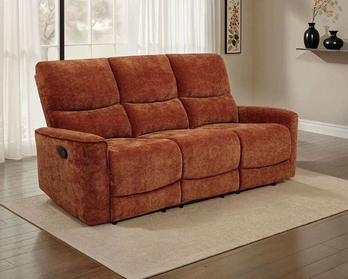 Navarro Chenille Upholstered Reclining Sofa | 79.5 x 37.5 x 40.25 in | Chenille & Metal | Burnt Orange