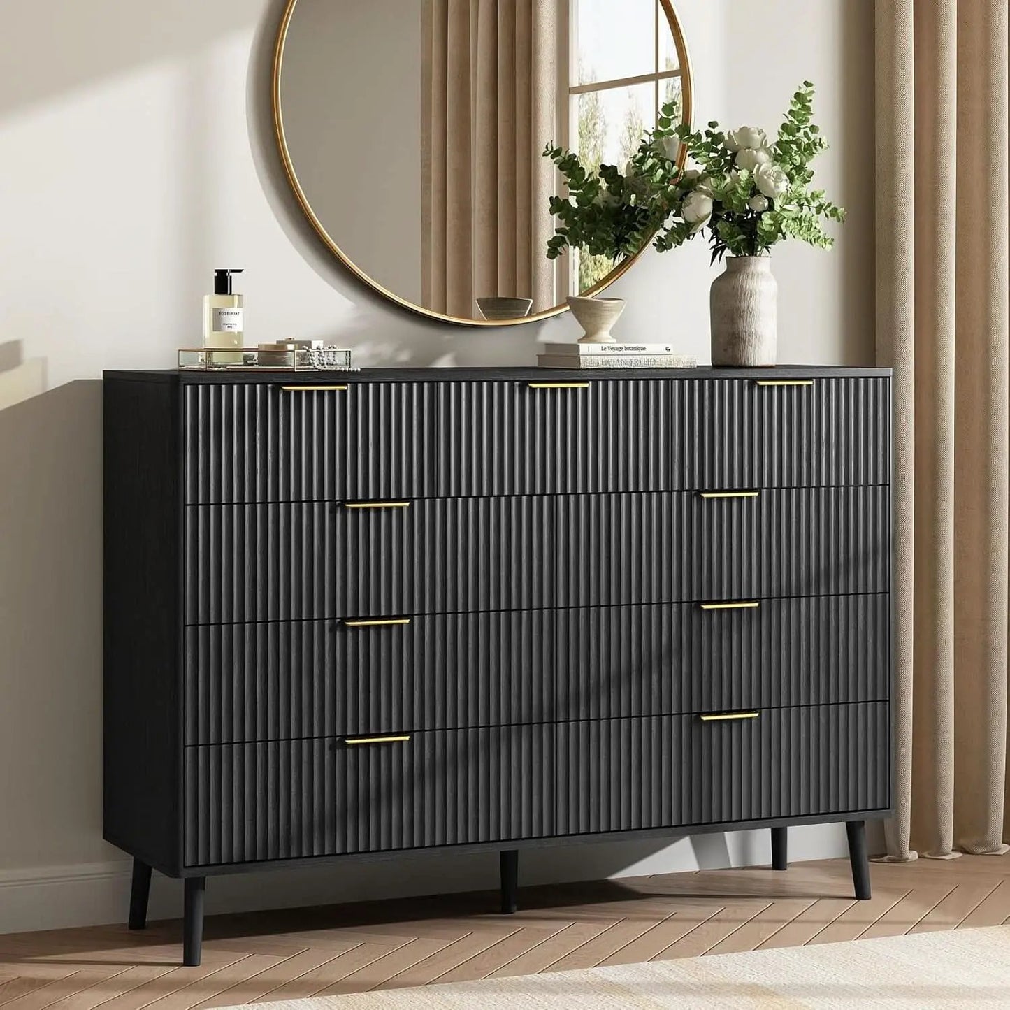 Fluted Nine Drawer Dresser 55 Inch Matte Black With Gold Handles from PriceLows™