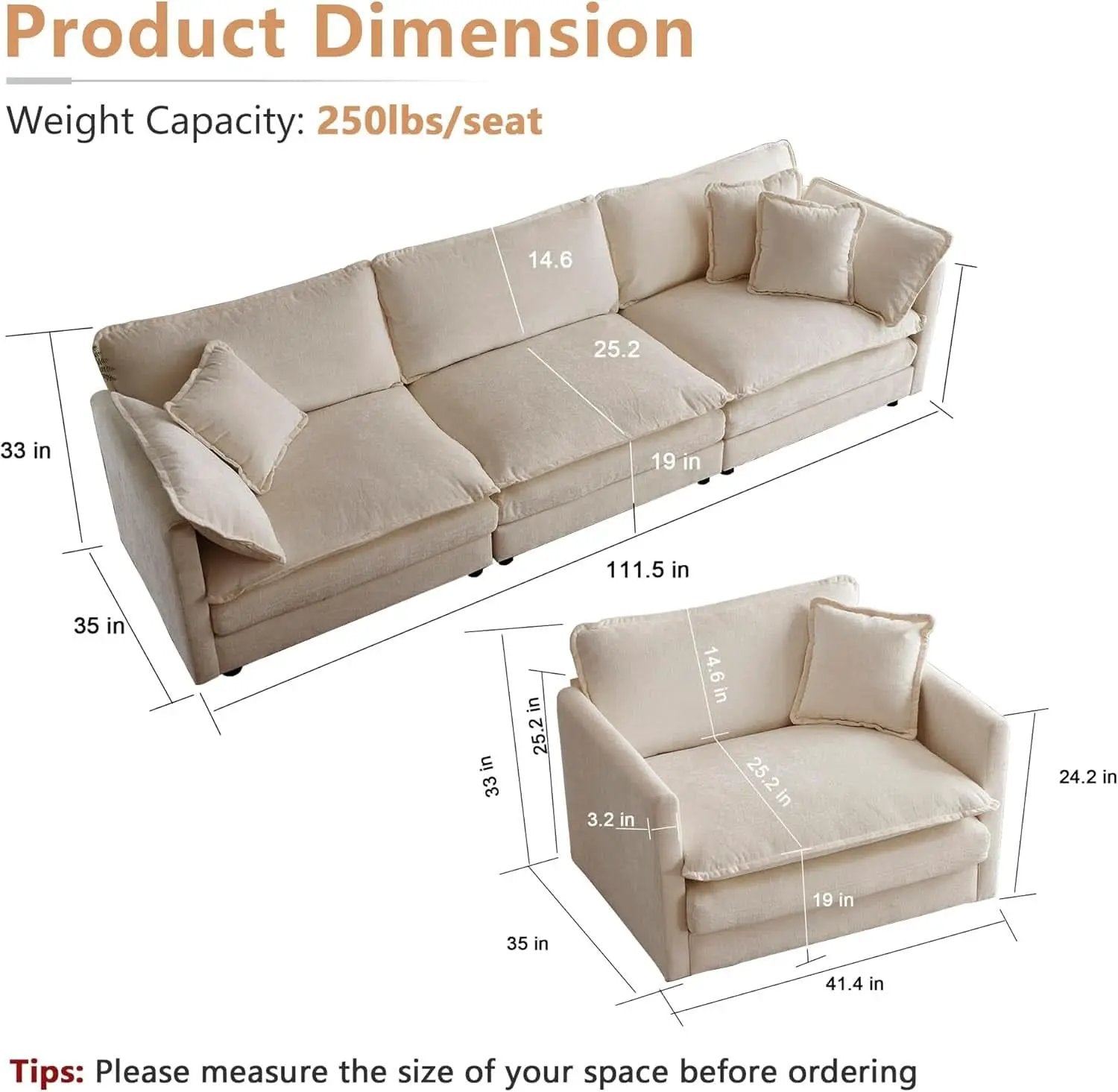Light Coffee Chenille 3 Piece Sofa Set With Two Singles from PriceLows™