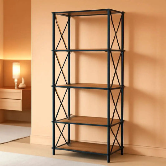 Corner Bookshelf 5-Tier L-Shaped Industrial Bookcase In Rustic Brown from PriceLows™