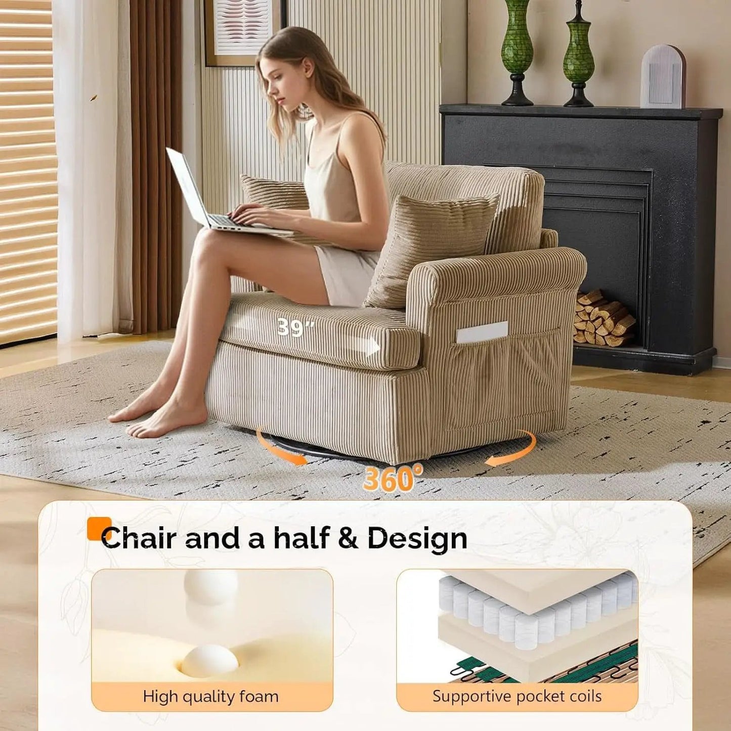 Vingl Modern 39.2Inch ExtraWide Swivel Armchair Khaki from PriceLows™