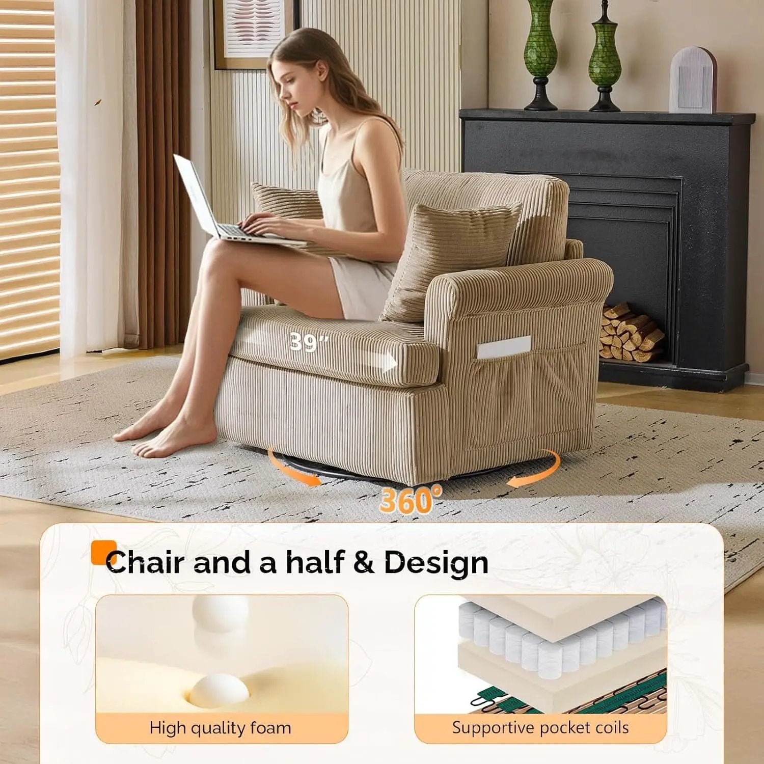 Vingl Modern 39.2Inch ExtraWide Swivel Armchair Khaki from PriceLows™