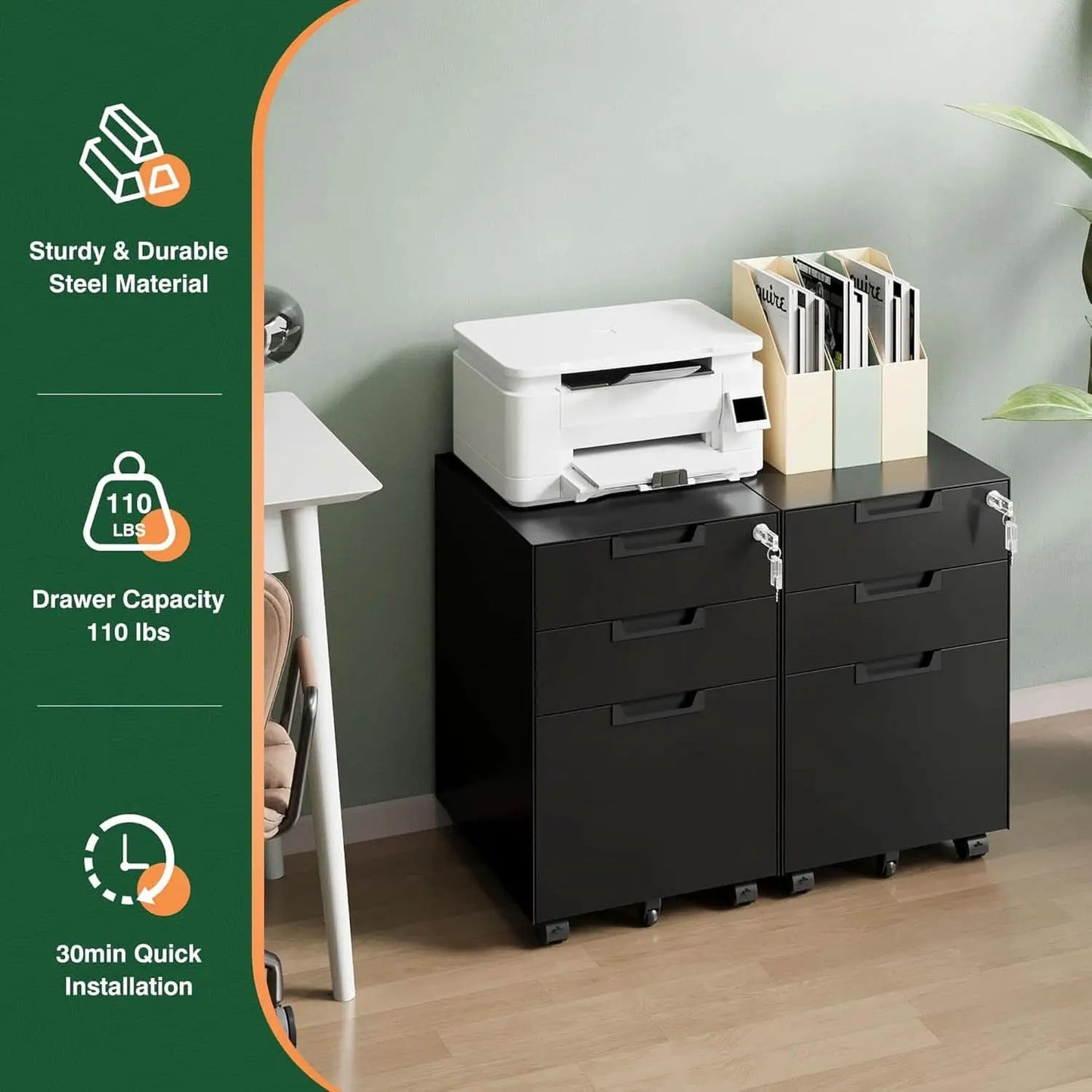 3 Drawer Mobile File Cabinet With Lock In Black Metal Under Desk Organizer For Letters Legal A4 from PriceLows™