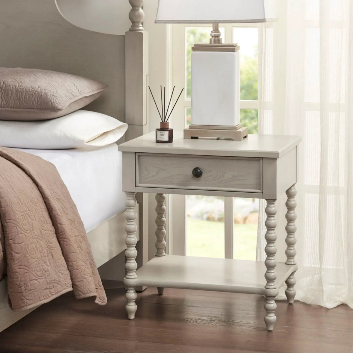 Traditional Nightstand Table | Solid Wood Frame | Drawer And Shelf | Turned Legs