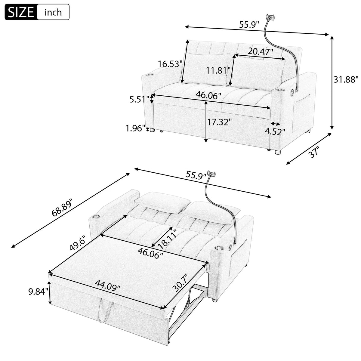 Convertible Sofa Bed | Adjustable Backrest | USB Charging Ports