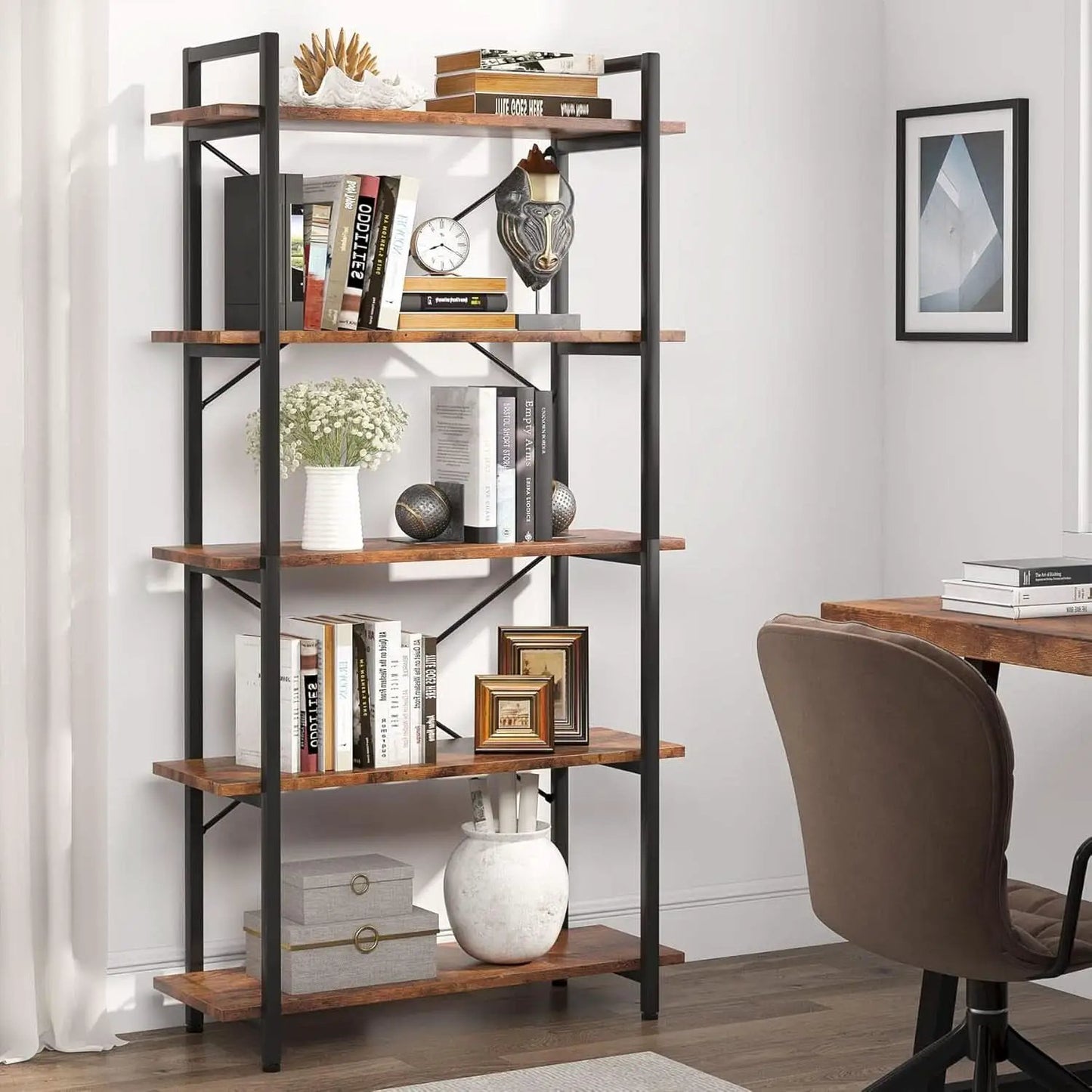 Industrial Rustic 5 Tier Etagere Bookshelf With Metal Frame from PriceLows™
