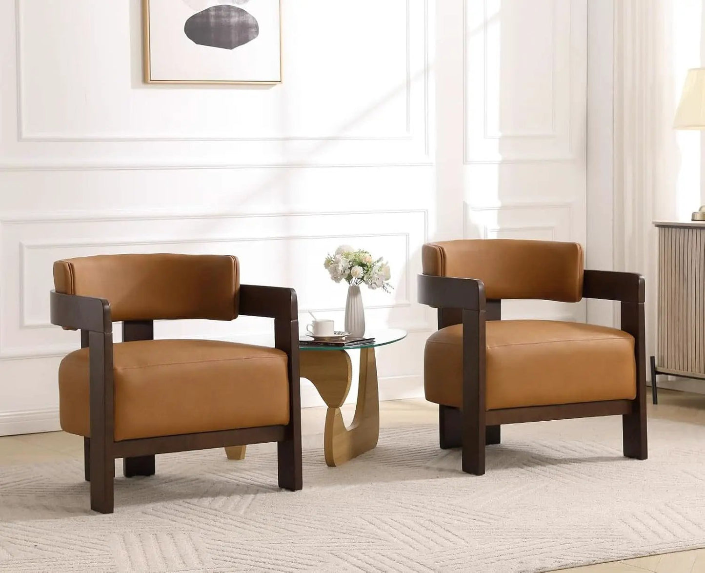 Brown Leather Barrel Chair Midcentury Upholstered WoodenLegs from PriceLows™