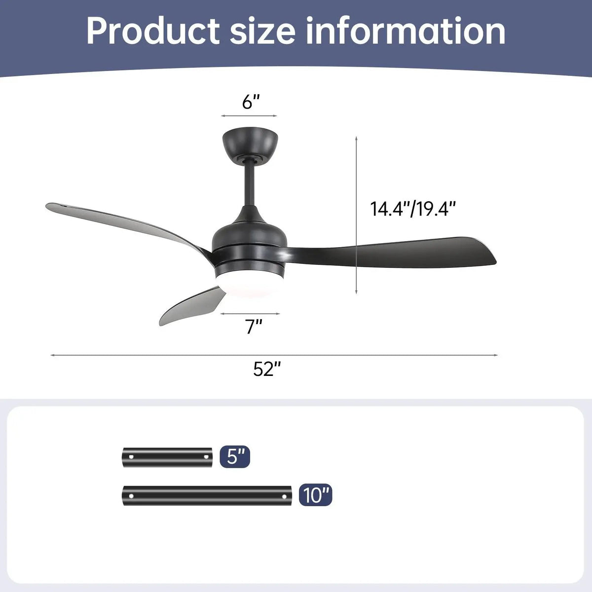 3-Blade Ceiling Fan | 52 Inch Span | Reversible DC Motor | Remote And 3 Downrods