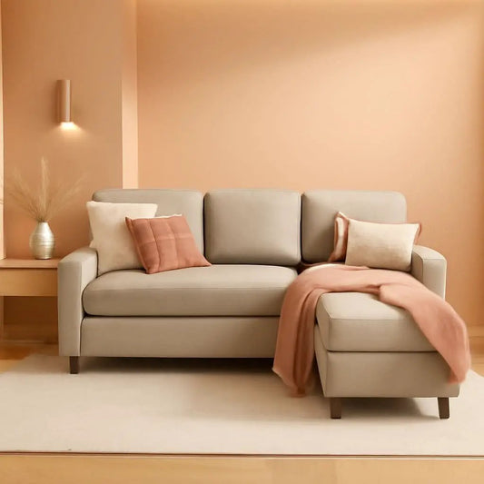 Compact Beige Linen Sectional Sofa With Chaise And Reversible Ottoman from PriceLows™