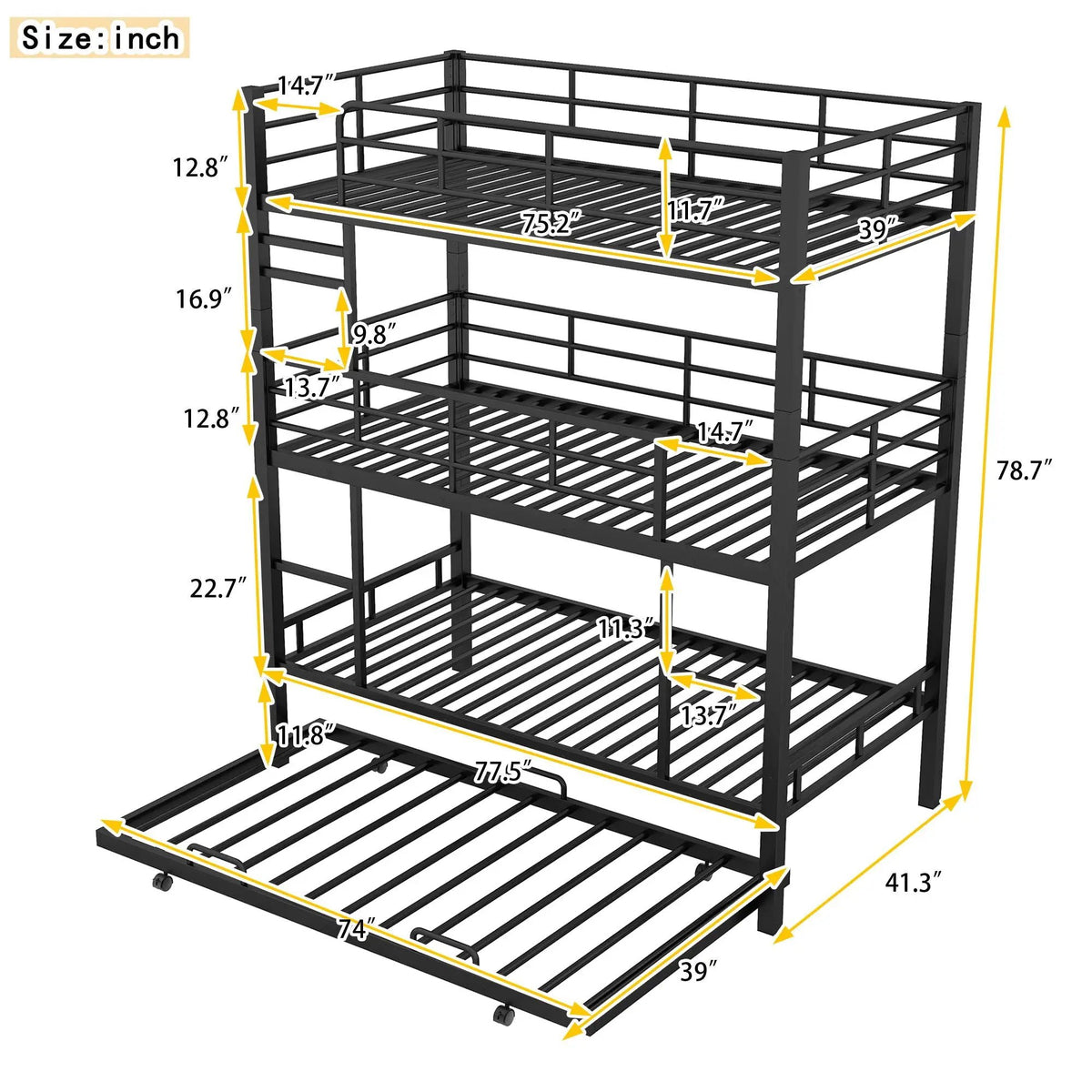 Triple Bunk Bed | Heavy Duty Steel | Built In Trundle | Full Guardrails