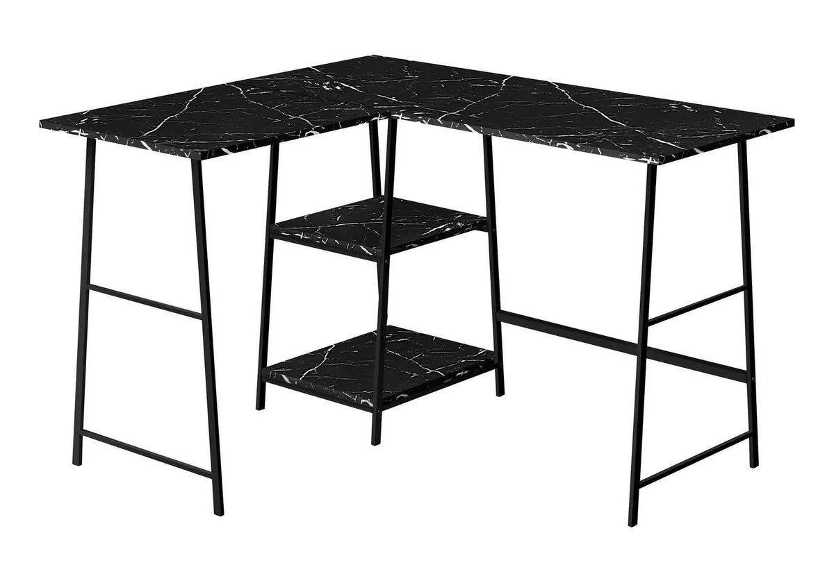 Marble Look L-Shaped Corner Desk | 47.25 Inch Width | 2 Open Shelves | Sawhorse Metal Legs