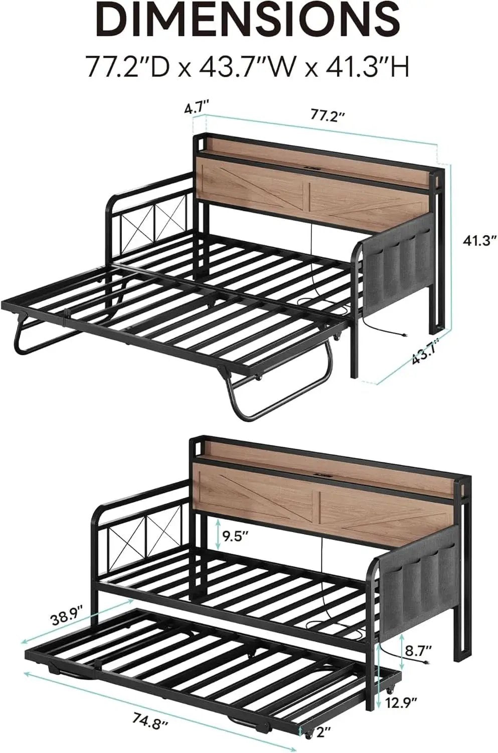 Twin Daybed With Trundle And Charging Station In Natural Wood from PriceLows™