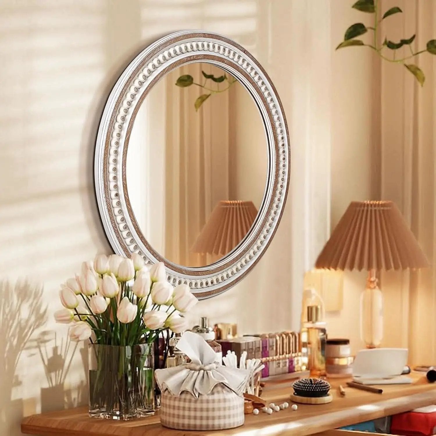 24 Inch Round Wood Bathroom Mirror Rustic Farmhouse Frame from PriceLows™