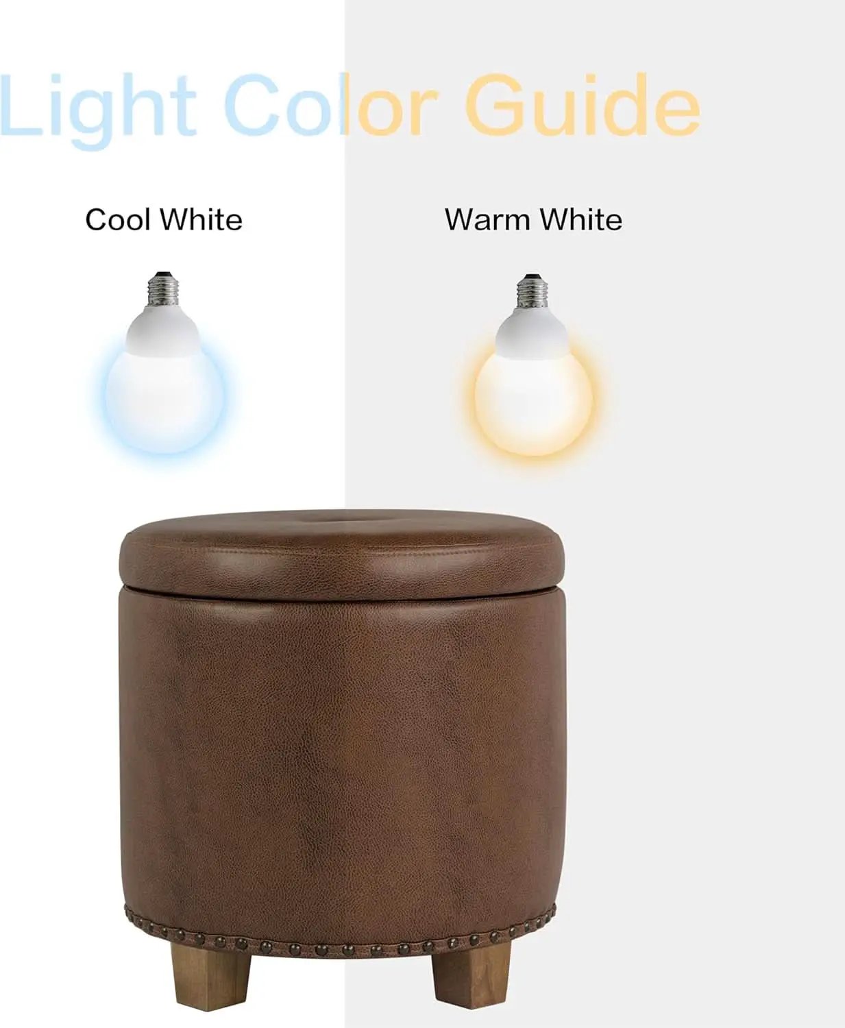Round Storage Ottoman With Nailhead-Trim Brown Faux Leather from PriceLows™