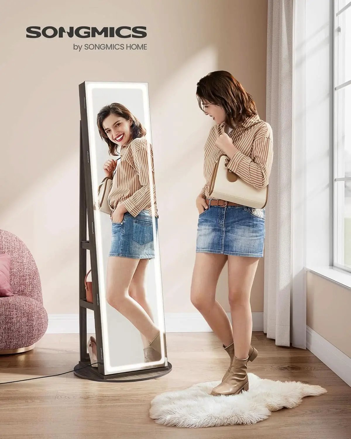 Ash Brown Lockable LED Full Length Mirror Jewelry Cabinet from PriceLows™